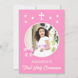 Invitación Primera Comunión de Niña Lazo de Cuadros Rosas Fot