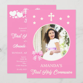 Invitación Primera Comunión de Niña Lazo de Cuadros Rosas Fot