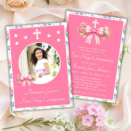 Invitación Primera Comunión de Niña Lazo Rosa de Flor Silvest