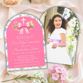 Invitación Primera Comunión de Niña Lazo Rosa de Flor Silvest
