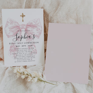Invitación Primera Comunión de Niña Lazo Toile Rosa Cruz 
