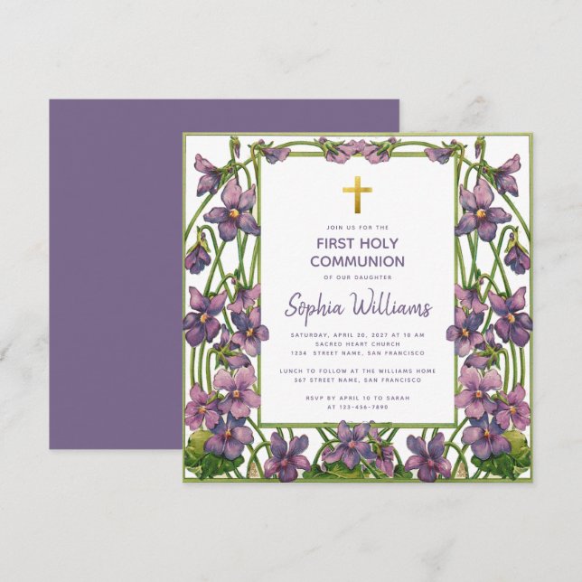 Invitación Primera Comunión de Niña Morado Verde Violeta Flor (Anverso / Reverso)