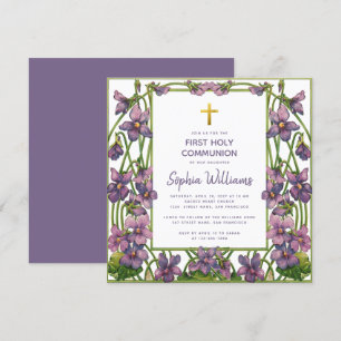 Invitación Primera Comunión de Niña Morado Verde Violeta Flor