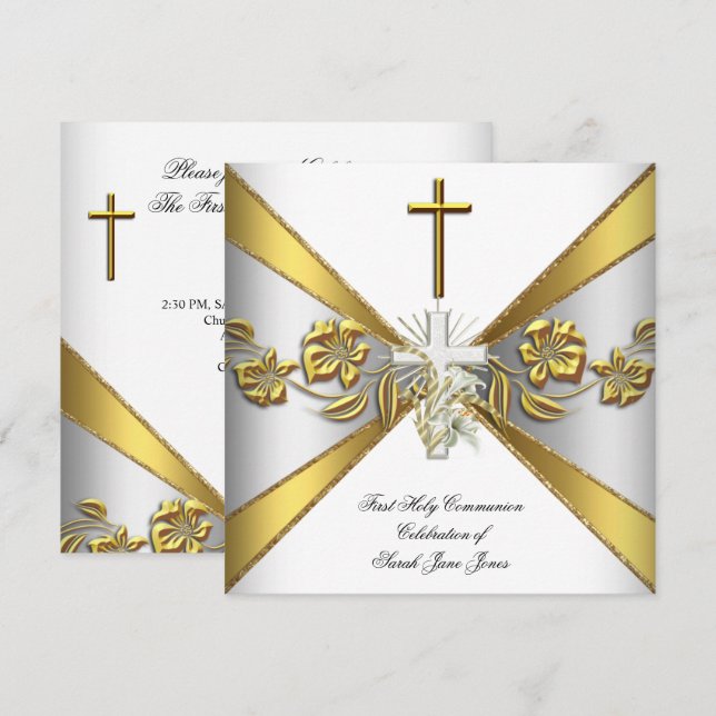 Invitación Primera Comunión de niña oro blanco floral 2 (Anverso / Reverso)