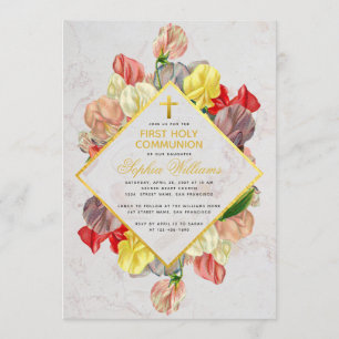 Invitación Primera Comunión de Niña Oro Mármol Floral de Guis
