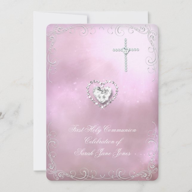 Invitación Primera Comunión de Niña Plateado Rosa Celestial (Anverso)