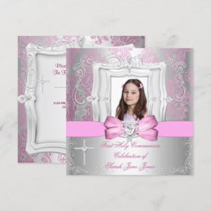 Invitación Primera Comunión de Niña Plateado Rosa Foto