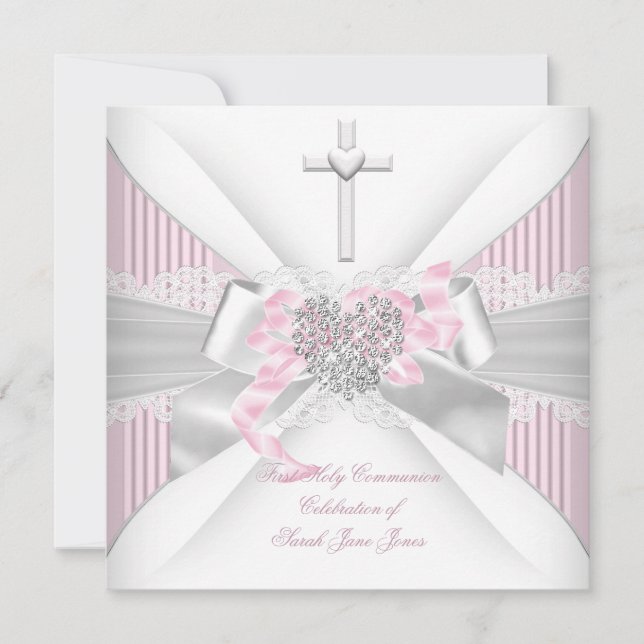 Invitación Primera Comunión de niña Rosa Blanco Gris Corazón  (Anverso)