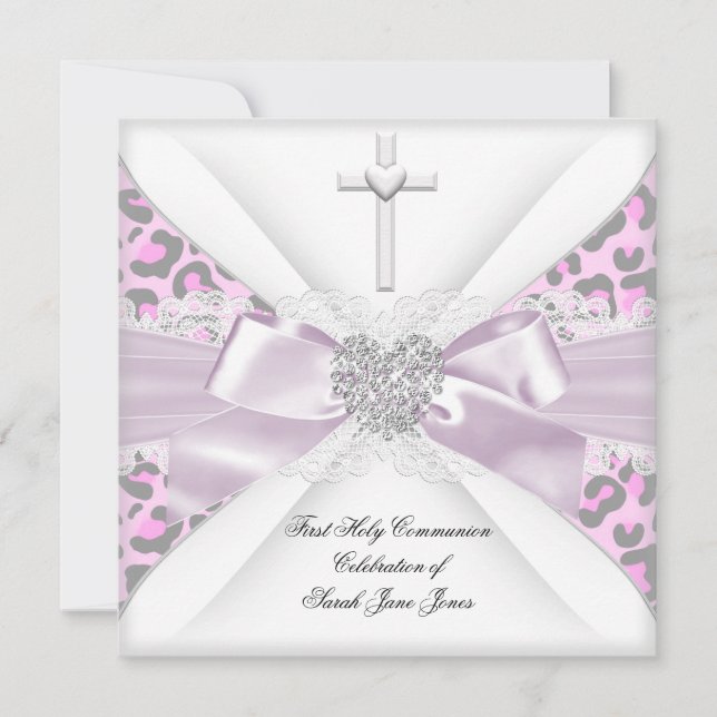 Invitación Primera Comunión de niña Rosa Blanco Gris Leopardo (Anverso)