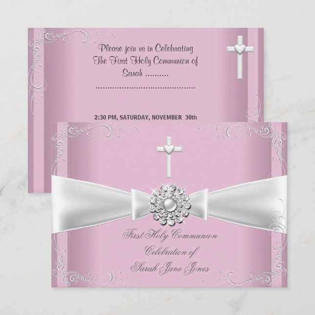 Invitación Primera Comunión de niña rosa Blanco Plata (Anverso / Reverso)