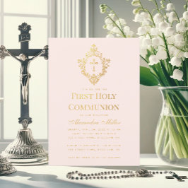 Invitación Primera Comunión de Niña Rosa Crest Falso Dorado R