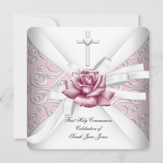 Invitación Primera Comunión de niña Rosa Damask Blanca (Anverso)