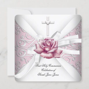 Invitación Primera Comunión de niña Rosa Damask Blanca