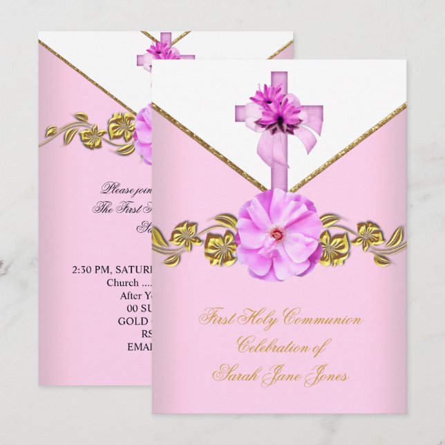 Invitación Primera Comunión de niña rosa flor blanca 3 (Anverso / Reverso)