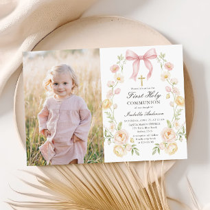 Invitación Primera Comunión de Niña Rosa Floral Foto