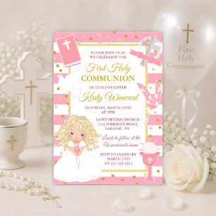 Invitación Primera Comunión de niña rubia con raya rosa