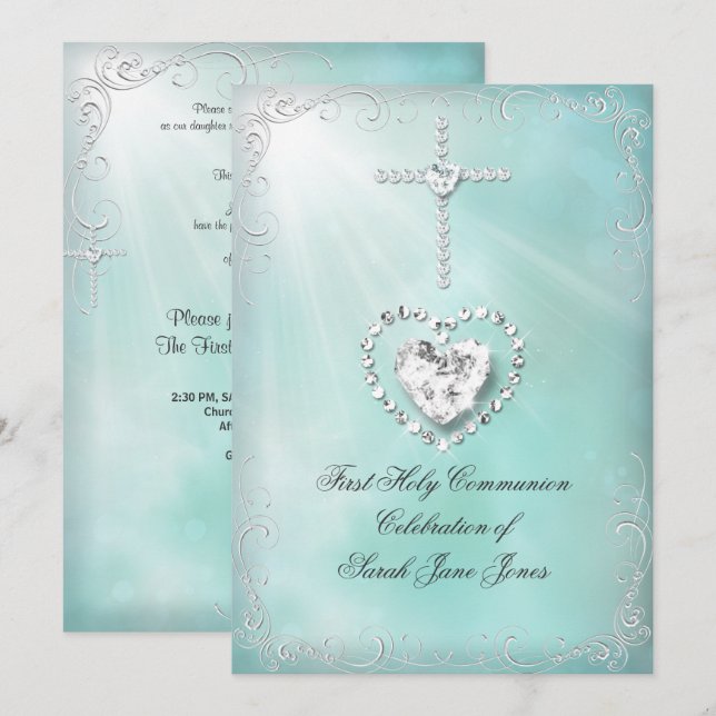 Invitación Primera Comunión de niña Teal Azul Celestial (Anverso / Reverso)