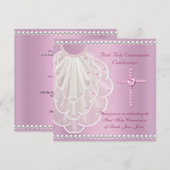 Invitación Primera Comunión de Niña Velo Rosa Perla Rosa (Anverso / Reverso)