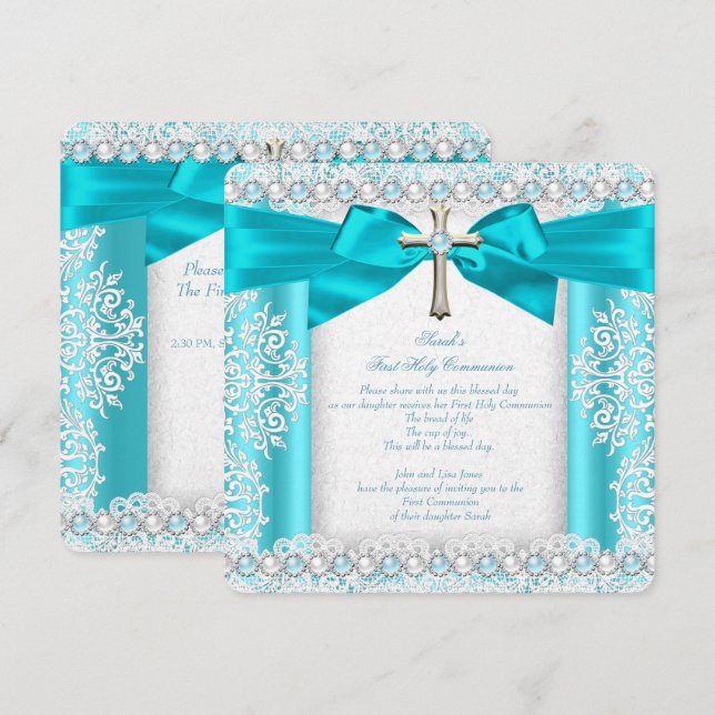 Invitación Primera Comunión de niñas blanco teal azul perla (Anverso / Reverso)