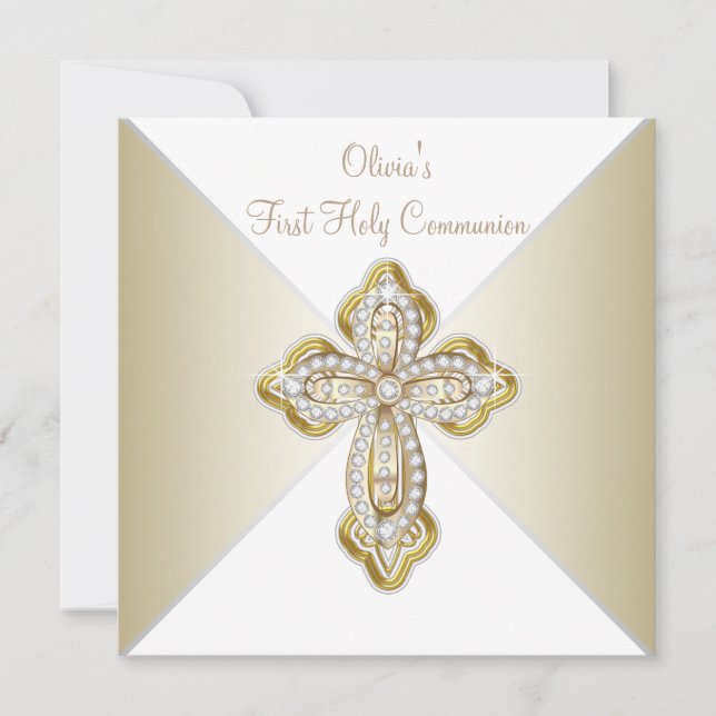 Invitación Primera Comunión de Niñas Blanco y Oro (Anverso)