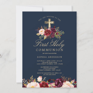 Invitación Primera Comunión de Niñas Cruz Burgundy Marina 