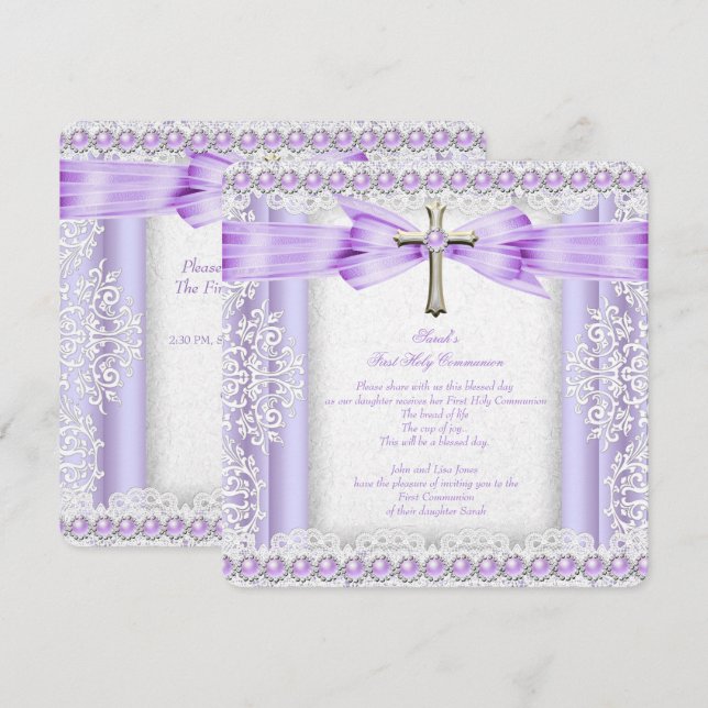 Invitación Primera Comunión de niñas Cruz Lindo Lavanda 3 (Anverso / Reverso)