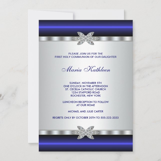 Invitación Primera Comunión de Niñas Diamante Azul Blanco (Anverso)