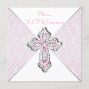 Invitación Primera Comunión de Niñas Encaje Rosa Cruz
