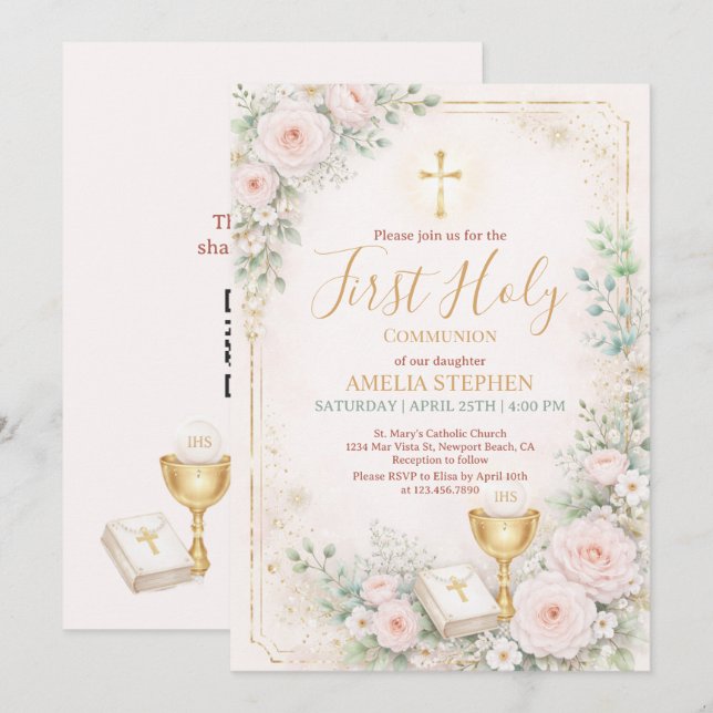 Invitación Primera Comunión de niñas Rosa Floral Dorado  (Anverso / Reverso)
