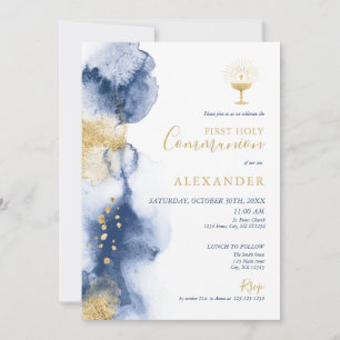Invitación Primera Comunión de niño con acuarela azul marino