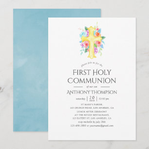 Invitación Primera Comunión de Niño con Pastel Acuarela Flora