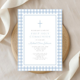 Invitación Primera Comunión de Niño en Azul Gingham Elegante
