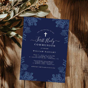 Invitación Primera Comunión de Niños con Flor de Hoja Floral 