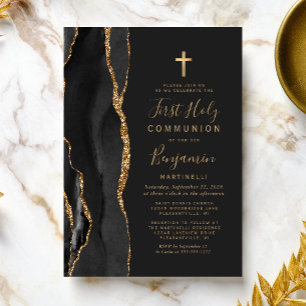 Invitación Primera Comunión de oro con ágata negra