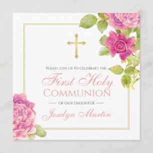 Invitación Primera Comunión de Oro Cruz Rosa Floral