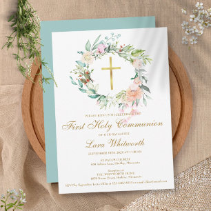 Invitación Primera Comunión de oro cruza acuarela floral