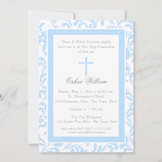Invitación Primera comunión de Paisley floral suave azul (Anverso)