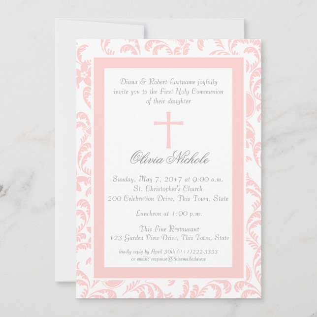 Invitación Primera comunión de Paisley floral suave rosa (Anverso)