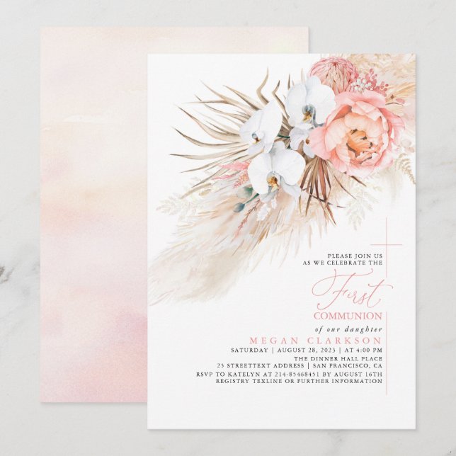 Invitación Primera Comunión de Pampas Florales Rosa (Anverso / Reverso)