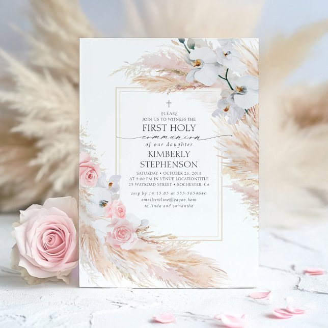 Invitación Primera comunión de Pampas Grass y White Orchids (First Holy Communion Elegant Pink Floral Invitations)