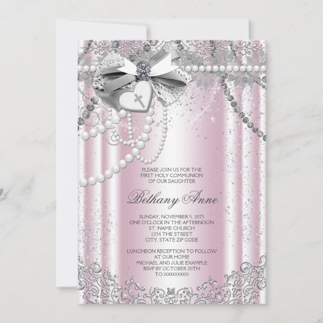 Invitación Primera Comunión de perla rosa y gris (Anverso)
