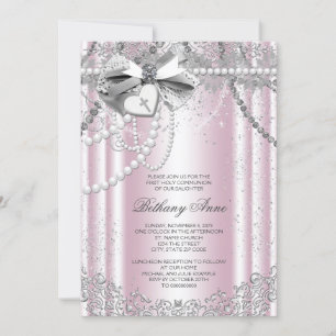 Invitación Primera Comunión de perla rosa y gris