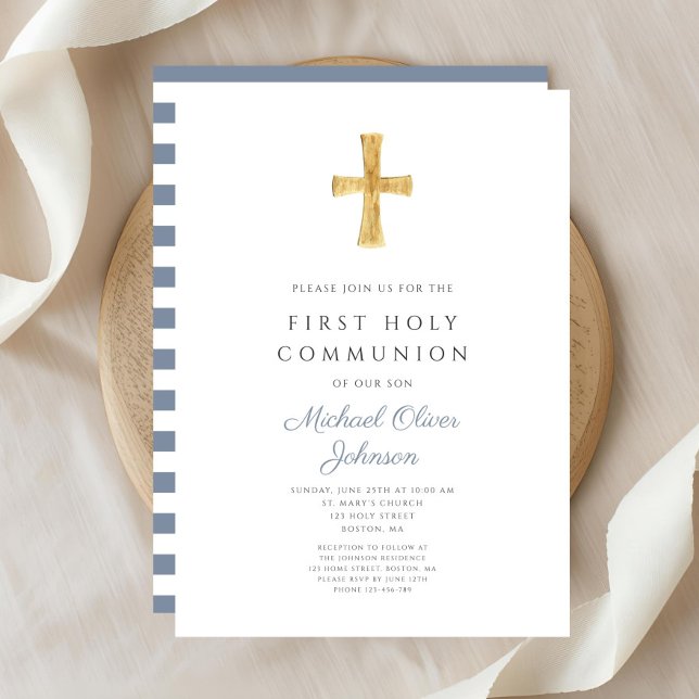 Invitación Primera comunión de rayas azules modernas (Modern Blue Stripes Cross Boy First Communion Invitation )