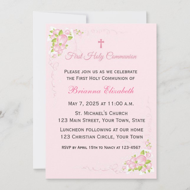 Invitación Primera comunión de Rosa Rosa Rosa Bouquet (Anverso)