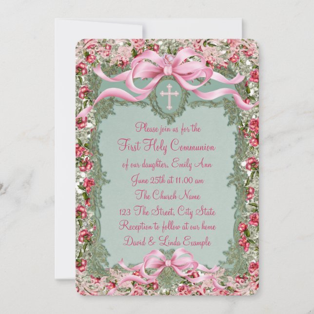 Invitación Primera Comunión de Rosa Verde y Rosa Bonita (Anverso)