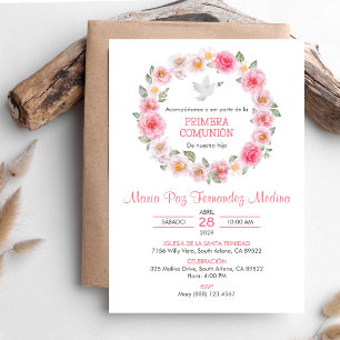 Invitación Primera comunión de rosales rosados de Primera com