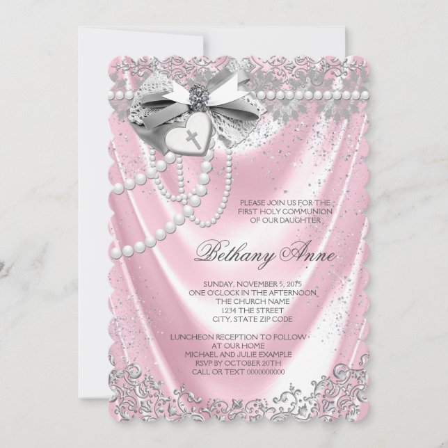 Invitación Primera Comunión de Seda Rosa (Anverso)