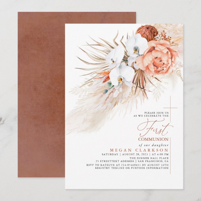 Invitación Primera Comunión De Terracotta Floral Pampas (Anverso / Reverso)