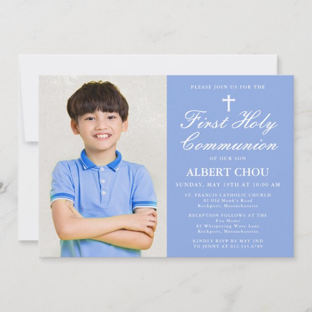 Invitación Primera comunión de un niño fotográfico blanco azu (Anverso)