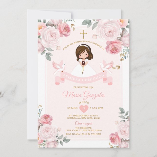 Invitación Primera Comunión de una pequeña niña española rosa (Anverso)